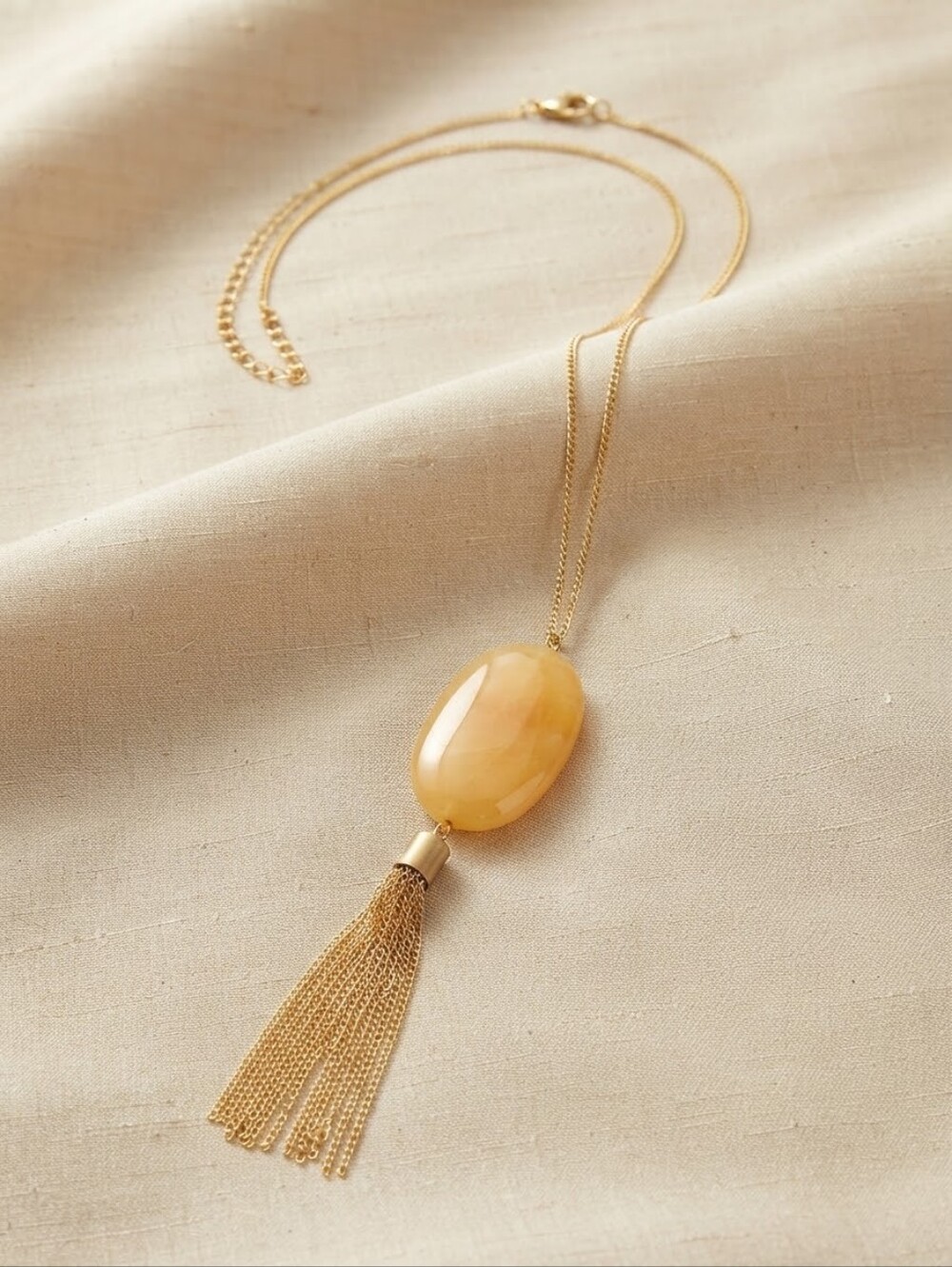 Gold-Tone Peach Stone & Chain Tassel Long Pendant Necklace - Boho Chic CC